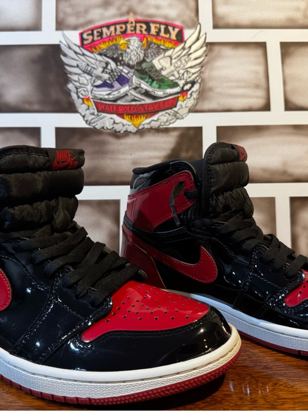 Nike Black and Red Patent Leather High-Top Sneakers (Pair)